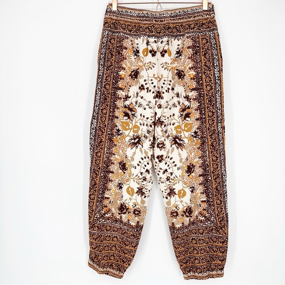 By Anthropologie Printed Joggers Linen Blend Brown Motif Boho Floral Size 6 - Picture 3 of 6